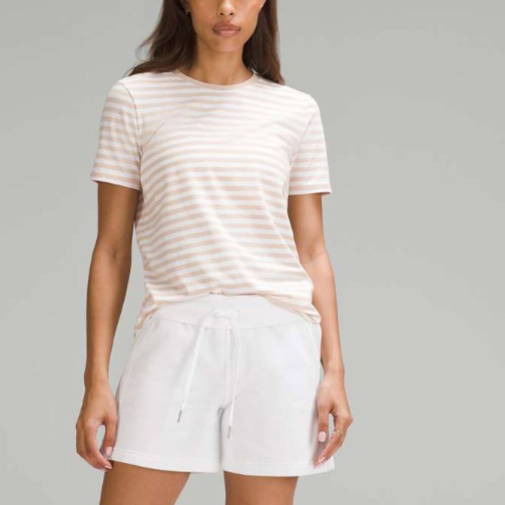Lululemon Love Curved-Hem Crewneck T-Shirt True Stripe Subtle Tan White 6 crew